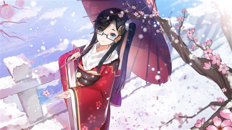 Download Long Hair Black Hair Aqua Eyes Glasses Kimono Umbrella Snow