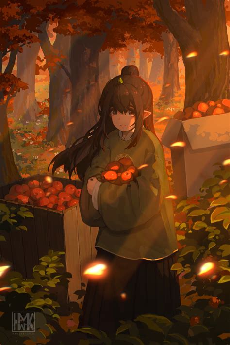 Safebooru 1girl Absurdres Apple Autumn Autumn Leaves Brown Eyes Brown Hair Chinese Clothes Elf