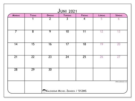 En mycket användbar veckokalender med två veckor per sida. Kalender "512MS" juni 2021 för att skriva ut - Michel Zbinden SV
