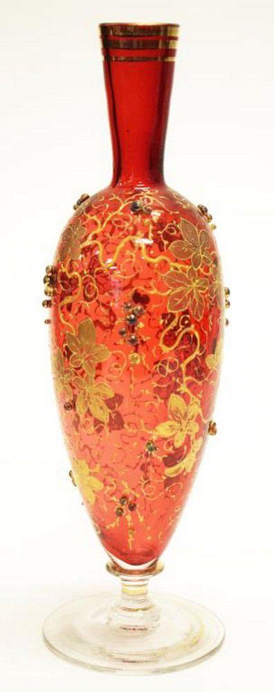 Moser Hand Painted Gilded Floral Vase On Red Glass European Glass