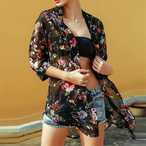 2020 Summer Women Floral Print Bikini Cover Up Cardigan Chiffon Beach Dress Perspective Kaftan