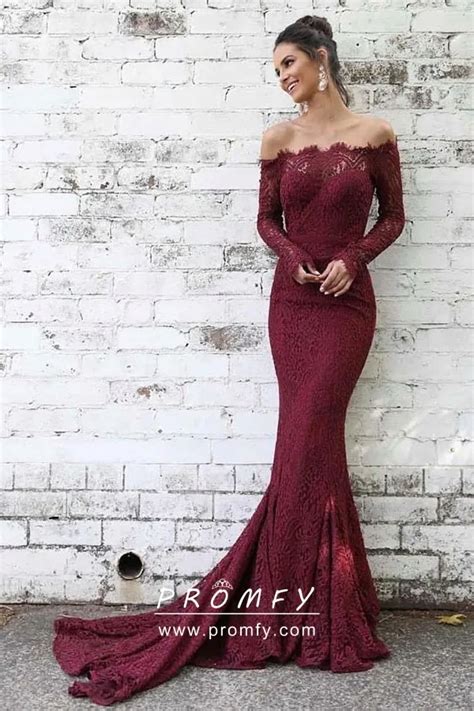 feminine burgundy lace elegant off the shoulder long sleeve mermaid formal dress