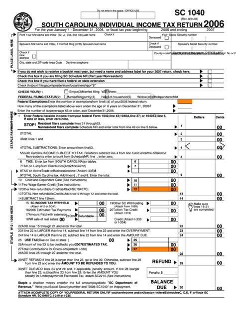Sc 1040 South Carolina Individual Income Tax Return Form 2006 Printable