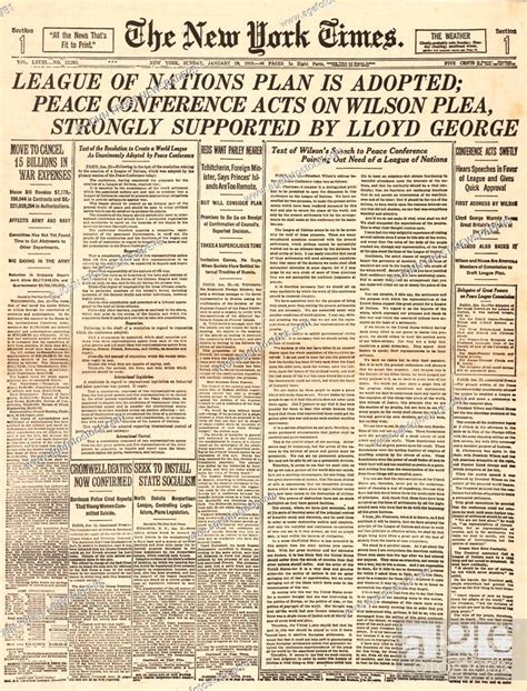 1919 New York Times Front Page League Of Nations Founded Stock Photo