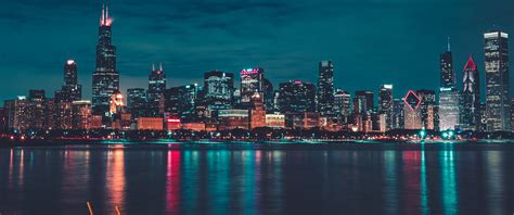 Chicago Wallpaper 4k Night City Lights Cityscape Reflections World