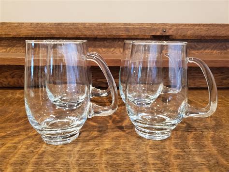 Hand Blown Clear Glass Mugs W Applied Handle Heavy Base Holds 12 Ounces Set Of Four