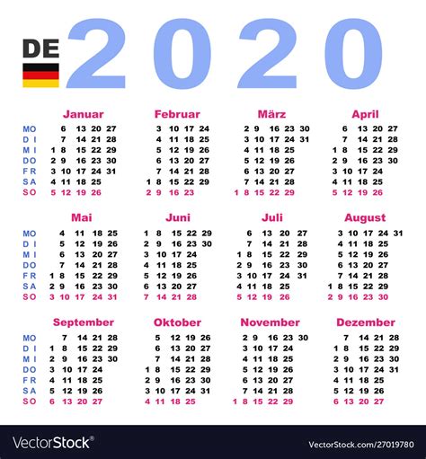 The calendar is free to download and print! Calendar 2020 in german horizontal week starts Vector Image