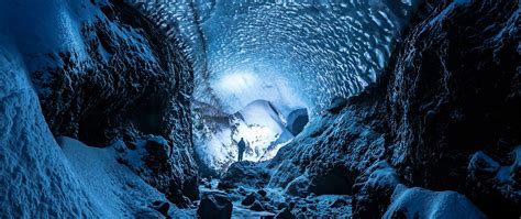 Download Wallpaper 2560x1080 Glacier Cave Man Ice Snow