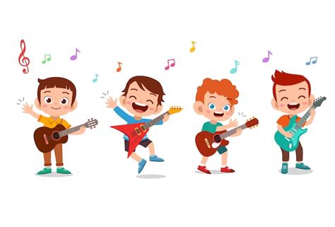 Dibujos Animados De Niños Pequeños Tocando Música Vector Premium