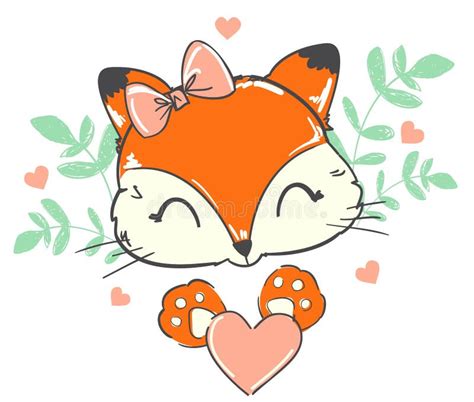 Cute Fox With A Heart And Leaves Vector Illustration Sketch Print