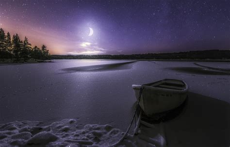 Wallpaper Winter Snow Night Lake Boat Stars A Month Frost