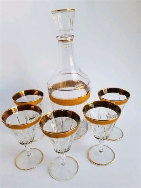 Vintage Mid Century Gold Trim Decanter And 5 Stem Port Wine Glasses Mod Dep Italy Ebay