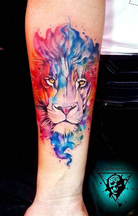 Colorful Watercolor Lion Tattoo Lion Head In Different Colors Forearm