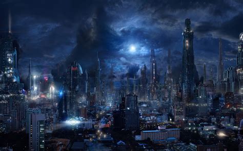 Download 1680x1050 Futuristic City Sci Fi Skyscrapers Night Dark