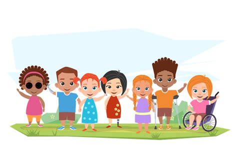 Best Premium Children With Disabilities Standing Together Illustration