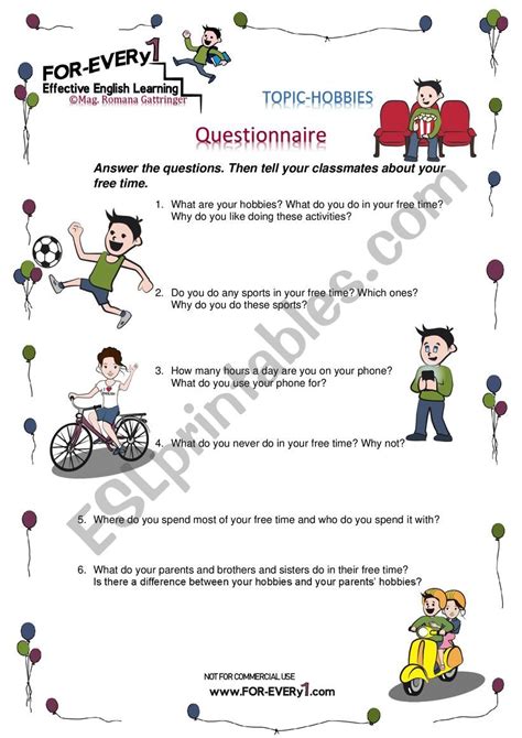 Questionnaire Hobbies And Leisure Time Esl Worksheet By Roga