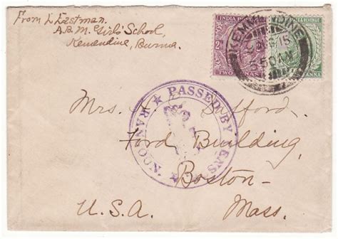 1915 Burma Usa Ww1 From Kemmendine To Boston Censored At Rangoon 20456 Mike White Uk