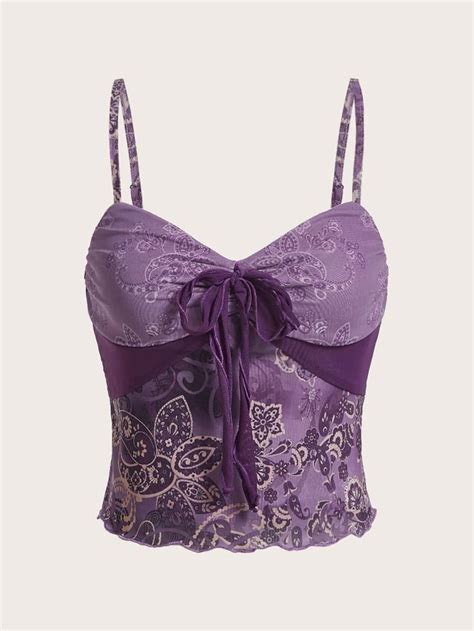 Lilac Purple Boho Collar Mesh Fabric Paisley Cami Embellished Slight