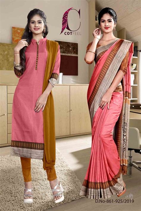 cotfeel formal wear ladies uniform sarees and salwar kameez combo 6 3 m with blouse piece