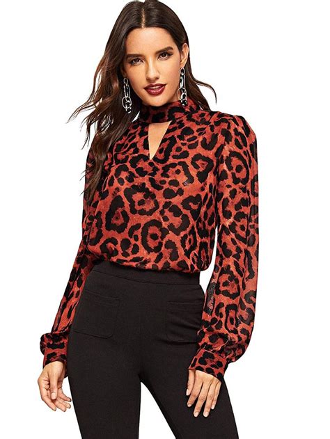 Shein Womens Choker Neck Long Sleeve Sheer Leopard Print Chiffon