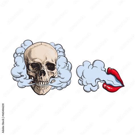 Smoke Coming Out Of Skull And Beautiful Female Lips With Red Lipstick