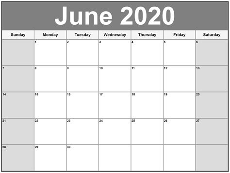 Blank June 2020 Calendar Template With Holidays Printable Blank