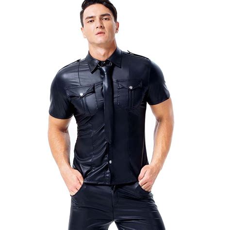 Men Pu Faux Leather Moto T Shirts Hot Sexy Wetlook Fitness Latex Tops