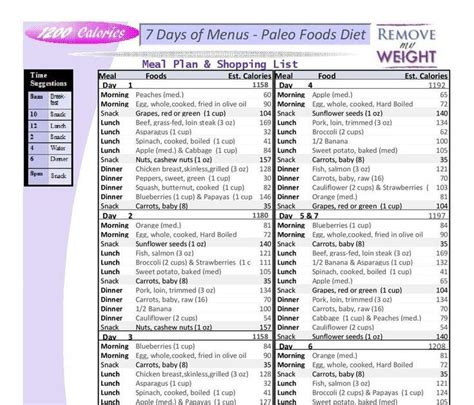 1200 Calorie A Day Paleo Diet 7 Day Menu And Shopping List Menu