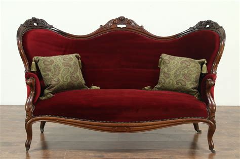 Victorian 1870 Antique Carved Mahogany And Red Velvet Loveseat Settee Sweden