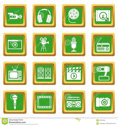 Audio And Video Icons Set Green Stock Vector Illustration Of Earphone