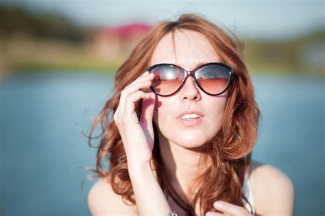 Redhead Girl In Sunglasses Close Up Emotions Young Redhead Girl