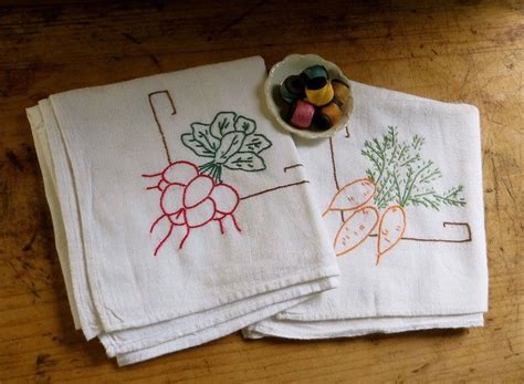 Vintage Hand Embroidered Dish Towel Set Flour Sack Fabric Etsy Dish