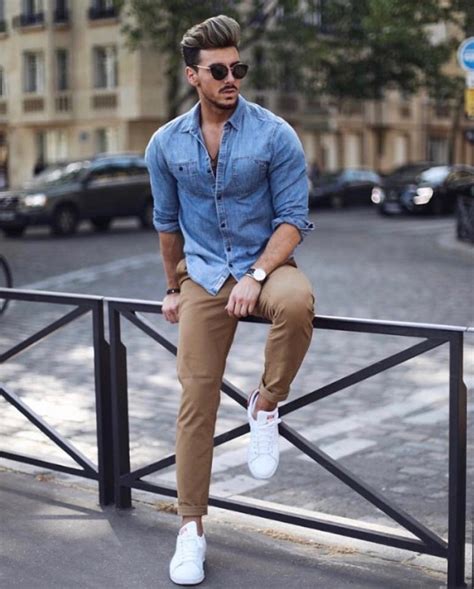 Mens Khaki Chino Pants With Denim Shirts Business Casual Outfits For
