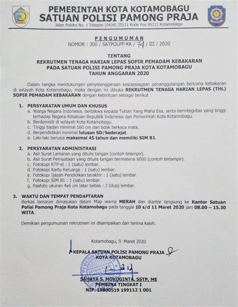 Batas akhir lamaran tanggal 21 juli 2020 cap pos. Rekrutmen Tenaga Harian Lepas Satpol-PP dan Damkar ...