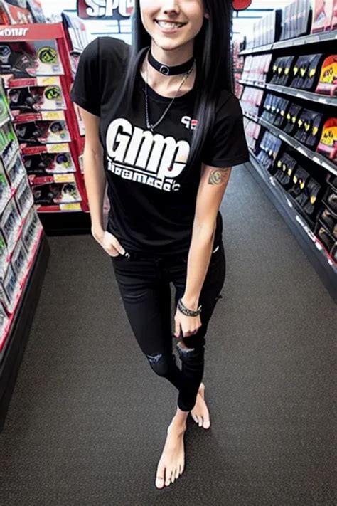 dopamine girl gorgeous barefooted slender caucasian punk female gamestop employee with an