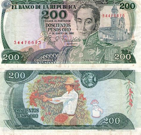 The page provides data about today's value of two hundred pesos in united states dollars. 200 pesos oro Colombia año 1982 | Billetes colombianos ...
