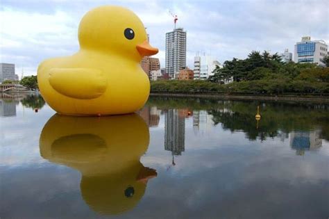 A Yellow Rubber Duck Sitting On Top Of A Lake