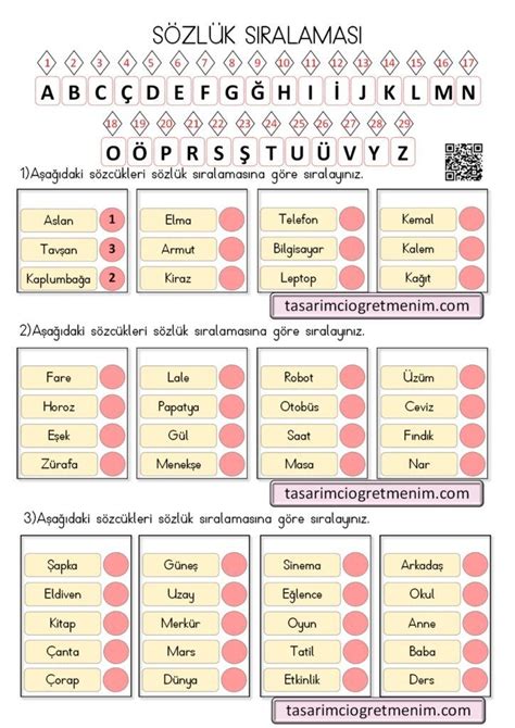 Sözlük Sıralaması Çalışması Sözcük Sıralama Üçüncü Sınıf Alfabe