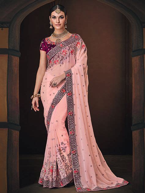 light pink silk georgette designer embroidered saree indian wedding wear fashion georgette