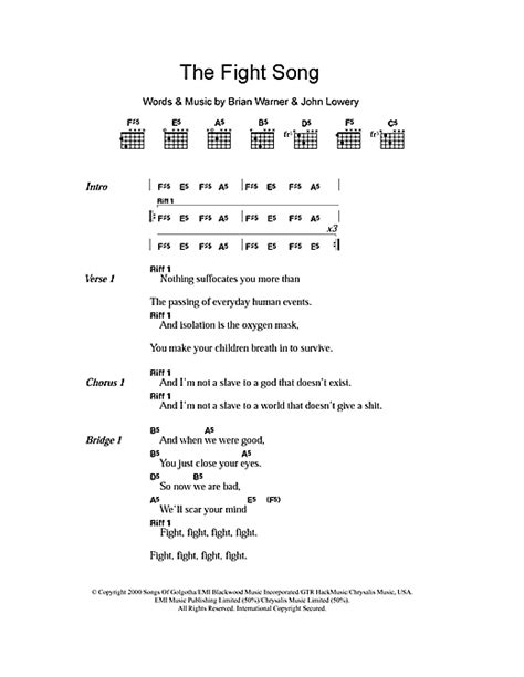 Ukulele chords and ukulele tablature made easy. The Fight Song sheet music by Marilyn Manson (Lyrics & Chords - 100710)