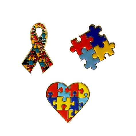 3 Piece Set Autism Awareness Heart Colorful Puzzle Pieces Lapel Hat