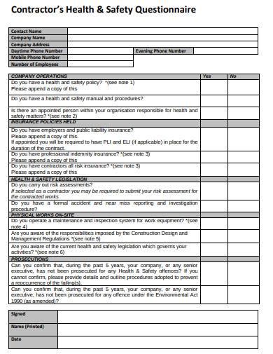 Free 10 Contractor Health And Safety Questionnaire Samples In Pdf Ms