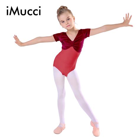 Imucci Velvet Cotton Patchwork Bowknot Short Sleeve Girl Ballet Gymnastic Leotards 90 150cm