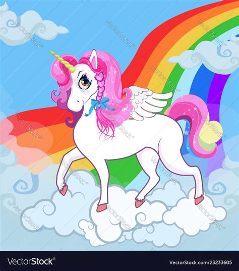 White Unicorn With Pink Hair On Sky With Rainbow Vector Image