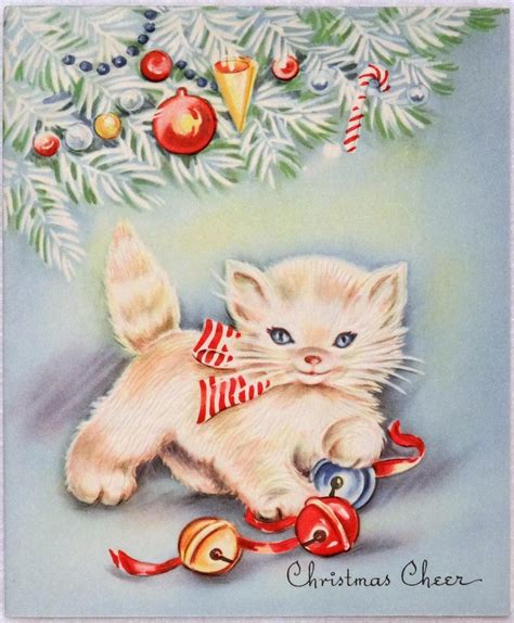 835 40s Pretty Kitty Cat Under The Tree Vintage Christmas Greeting Card