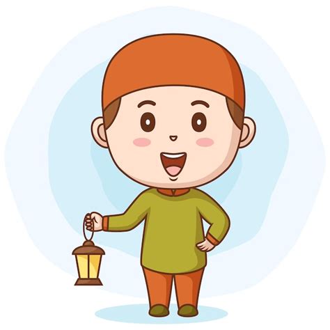 Premium Vector Happy Muslim Boy Holding Lantern Vector Illustration