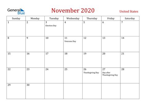 November 2020 Calendar United States