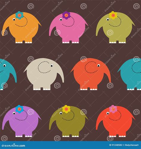 Seamless Cute Pattern With Different Colored Elephants Stock Vector