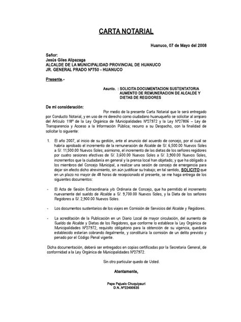 Carta Notarial Mercado Modelo Pdf Alcalde Ley Pública