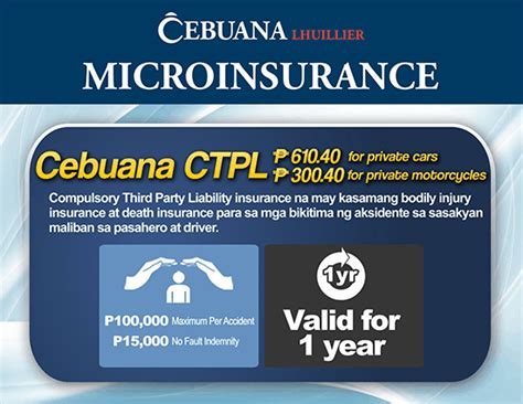 2918 up to compulsory insurance limits in the event that the operation of the motor vehicle stated in the policy causes death or injury of a third party or damage to any property. Microinsurance Philippines • Cebuana Lhuillier